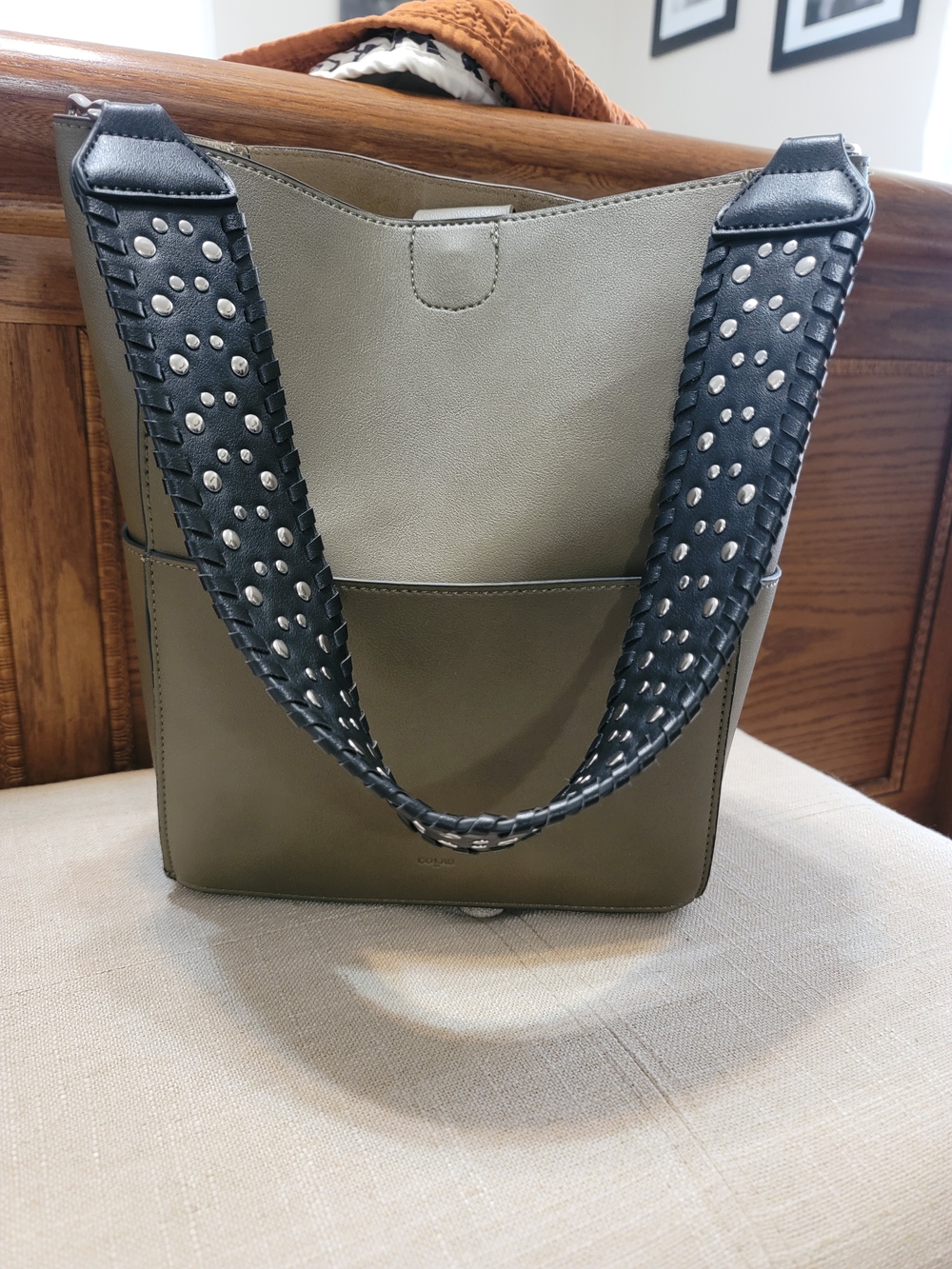 Olive Two-Tone Tote with Studded Black Strap